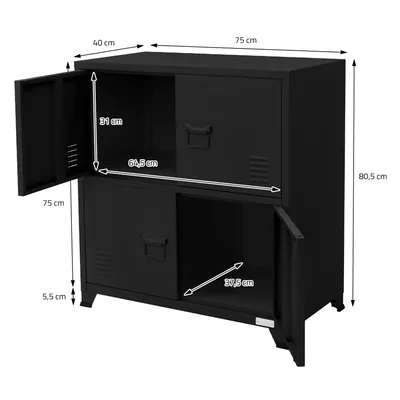 A black metal cabinet with four doors, shown with dimensions indicated by text and lines.