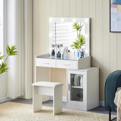 Zdjęcie produktu dla Toaletka z lustrem, taboretkiem i oświetleniem LED, biała, wymiary: 105x40x140 cm
