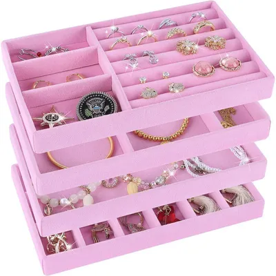 Image de Organisateur de bijoux pour tiroir, lot de 4, rose, 21 x 12,5 x 2,5 cm