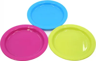 Produktbild von Teller Kunststoff flach für Party Picknick Camping 3 farbig sortiert Ø 22 cm 12 Stück Set