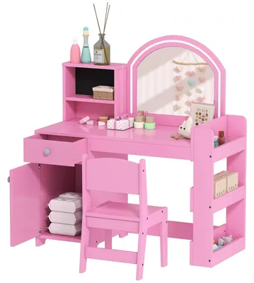 Produktbild von Kinderschminktisch - Frisierkommode mit Spiegel - LED-Beleuchtung - Mit Hocker - 1 Schublade, Schrank und 5 Regale - Holz - Für Kinder 3-8 Jahre - Rosa