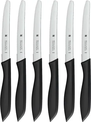 Imagen del producto de Conjunto de cuchillos para desayuno WMF Classic Line, 6 piezas, 23 cm. Incluye: cuchillo para pan con filo ondulado, cuchillo para bocadillos, acero especial para cuchillas, mango de plástico, color negro. Número de artículo: 1896499990