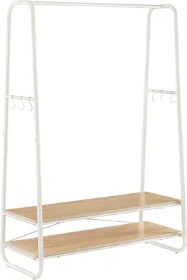 Produktbild von VASAGLE Garderobenständer, Garderobe, 2 Ablagen, 6 Haken in S-Form, Stahlrahmen, für Schlafzimmer, Flur, Eingangsbereich, eichenfarbig cremeweiß