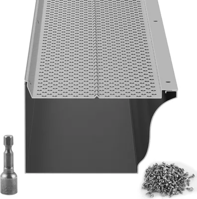 A gutter guard system with screws and a socket bit.