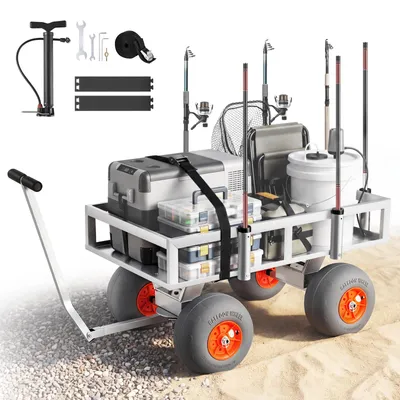 Produktbild von Angelwagen Bollerwagen - Faltbarer Transportwagen - 159 kg Traglast - 4 große PolyurethanReifen geländetauglich - Alurahmen - 6 Rutenhalter - Für Angeln Camping Strand
