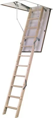 A wooden attic ladder is extended from an opening in a ceiling.