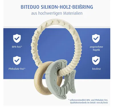 Produktbild von reer BiteDuo - Silikon-Holz-Beißring 6 Stück Verkaufseinheit 616856 4013283793022
