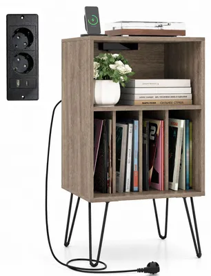 Zdjęcie produktu dla Półka na gramofon z stacją dokującą, stojak na płyty winylowe, 3-poziomowy system przechowywania płyt z półką i 4 przegródkami, wymiary: 48x40x88 cm, kolor: beżowy