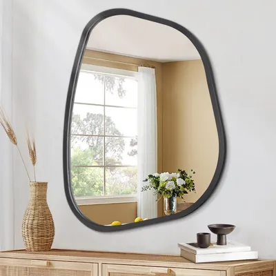 Productafbeelding van Asymmetrische wandspiegel, ovaal, met houten frame, zwart, 40,6 x 30,5 cm
