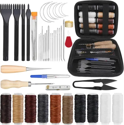 Produktbild von 46-teiliges Nähset für Leder, inklusive Nähwerkzeug mit 4 mm Schnürnaht, gewachstem Faden und großen Nadeln für DIY-Projekte
