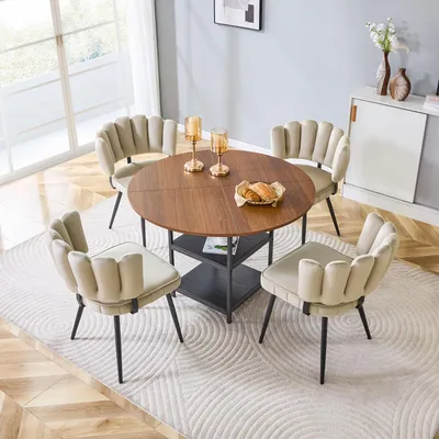 Immagine prodotto di Set tavolo e sedie, tavolo rotondo da pranzo di 107 cm, aspetto legno, doppio ripiano, 4 sedie in tessuto (colore caffè chiaro, noce e nero)