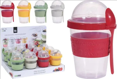A collage of yogurt cups with spoons, some in packaging and one shown individually.