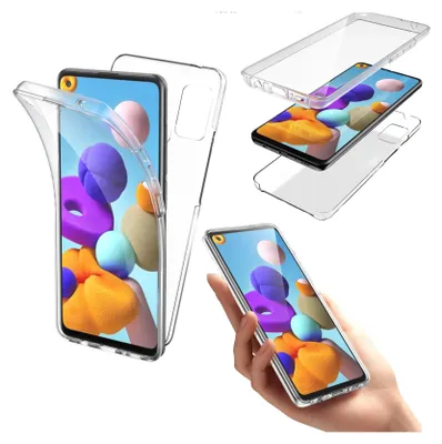 A collage of images showing a transparent phone case on and off a phone, with a hand holding the phone with the case on.