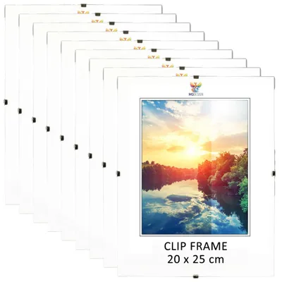 Produktbild von MG Design Cliprahmen Set 10 Stück 20x25 cm - rahmenlos mit Acrylglas & HDF-Rückwand, für Fotos/Poster/Puzzle, hoch/quer