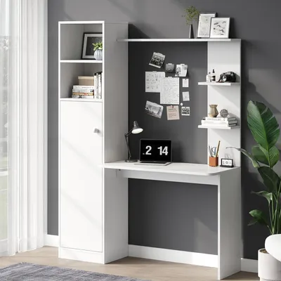 Produktbild von Schreibtisch, Bürotisch & Lerntisch, mit Schrank und Ablageregal, Modernes Bürodesign, 123,5 x 45 x 168,5 cm, Weiß
