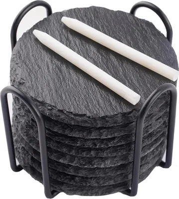 Zdjęcie produktu dla Zestaw 8 podkładek z łupka - Okrągła podkładka pod szklankę z uchwytem, 10x10 cm Podkładka pod piwo Podkładka pod napój