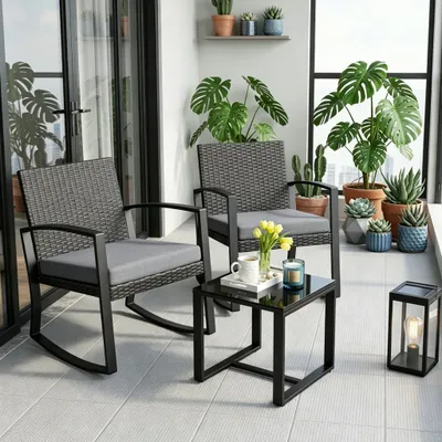 Immagine prodotto di Set di sedute in polirattan Bealife 3 pezzi, set di mobili da giardino 2 persone, set di mobili da giardino, set di sedute da balcone con cuscini grigio (1 tavolo + 2 sedie)