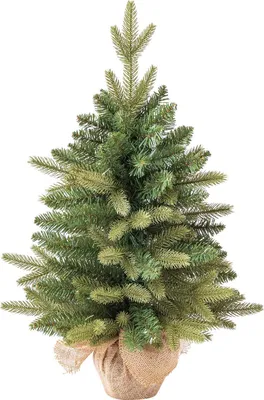 A small artificial Christmas tree in a pot, wrapped in burlap.