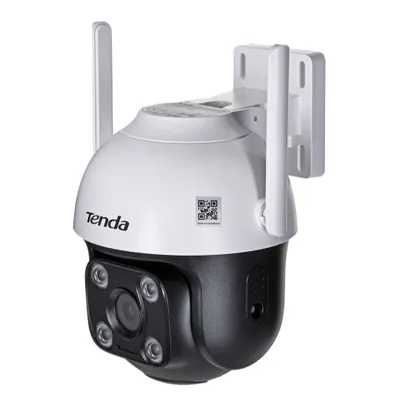 A white and black Tenda security camera with two antennas, mounted on a white bracket against a white background.