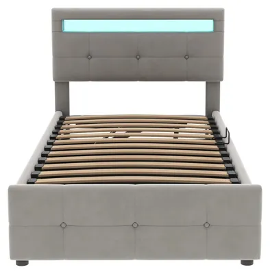 Productafbeelding van Kinderbed - Enkelbed 90 x 200 cm - Fluweel - LED-verlichting - Opbergruimte met hydraulische lift - Verstelbaar hoofdeinde - Grijs