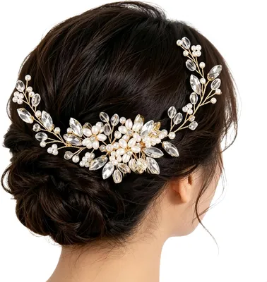 Produktbild von Braut-Haarkamm mit Kristallen und Blumen, Haarschmuck für Hochzeiten