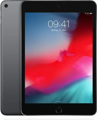 A dark gray Apple iPad mini 5 is shown from the front and side, with its screen displaying the time and date.