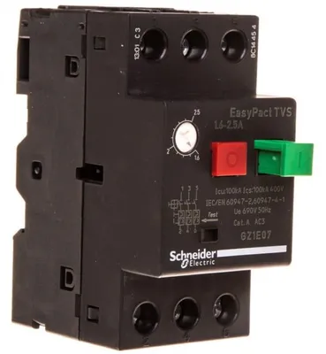 Imagen del producto de Interruptor de protección de motor, 3 polos, 0,75 kW, 1,6-2,5 A, Schneider GZ1E07