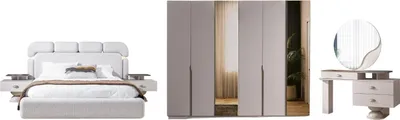 Produktbild von Schlafzimmer Set Avva Weiß mit Polsterbett, 6-türigem Kleiderschrank (260 cm) und Nachttischen