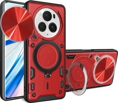 Obrázek produktu pro Pouzdro pro Honor Magic6 Pro dvojvrstvé odolné pouzdro s ochranným krytem kamery a kruhovým stojánkem na prsten Červený