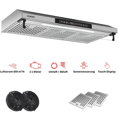 Produktbild von KB ELEMENTSDunstabzugshaube unterbau 90cm, Unterbauhaube 90 cm, 650 m³/h, Touch- und Gestensteuerung, Doppelter motor, Abluft, Umluft
