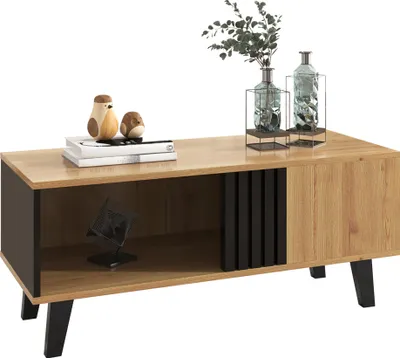 Immagine prodotto di Tavolino Sweiko 100 x 60 x 45 cm in legno colorato e design nero, tavolino da salotto con cassetto laterale, versatile e dal look unico.