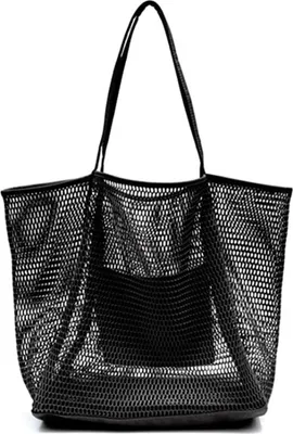 Produktbild von Strandtasche Damen, Schwarz, Mesh-Einkaufstasche, 17.3 x 15.7 x 5 Zoll, Für Schwimmbad & Reise, Wassersport Tragetasche