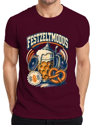 Produktbild von Festzeltmodus Wiesn Maßkrug Brezel Lederhose Dirndl Herren T-Shirt, Burgundy, 3XL