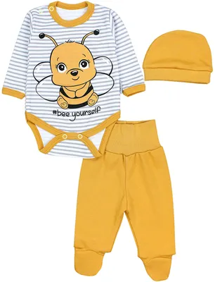 Produktbild von TupTam Baby Mädchen Jungen Bekleidungsset Langarmbody Hose Mütze mit Aufdruck Spruch 3 teilig, Farbe: Biene Gelb / Streifen Grau, Größe: 50