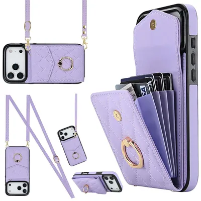Immagine prodotto di Custodia a tracolla in ecopelle per Apple iPhone 17 Pro Max con motivo a rombi e scomparto per carte RFID, viola chiaro