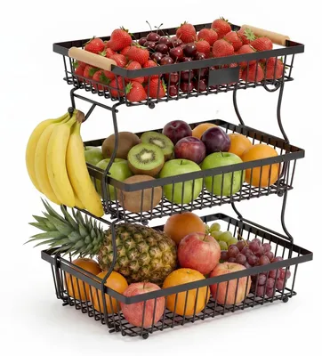 Obrázok produktu pre Omgoods – Trojposchodový ovocný kôš s držiakom na banány, čierna farba
