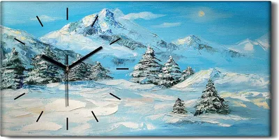Produktbild von Dekor Leinwand Uhr Wandbilder Geräuschlos 60x30 Malerei Schnee Berg Bäume - schwarze Hände