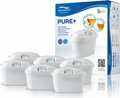A box of Aqualogis Pure+ filter cartridges with several cartridges displayed in front of it.