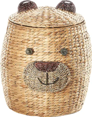 A woven basket shaped like a bear's head with ears, eyes, and a nose.
