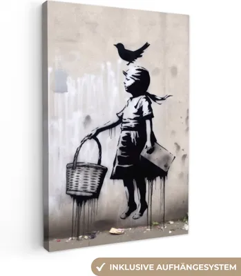 Produktbild von MuchoWow® - Leinwandbilder - Graffiti - Mädchen - Vogel - Straßenkunst - Banksy-Stil, Wandbild, Wanddeko Bilder Wohnzimmer, 60x90 cm