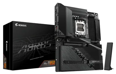 Produktbild von GIGABYTE B850 AORUS STEALTH Mainboard – AMD Ryzen 9000 Series CPUs, digitales 14+2+2-Phasen-VRM, bis zu 8200 MHz DDR5 (O.C.), 2× PCIe-5.0-M.2 + 2× PCIe-4.0-M.2, Wi-Fi 7, 5-GbE-LAN, USB 3.2 Gen 2