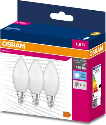 A product package for OSRAM LED light bulbs, showing three bulbs on the front.