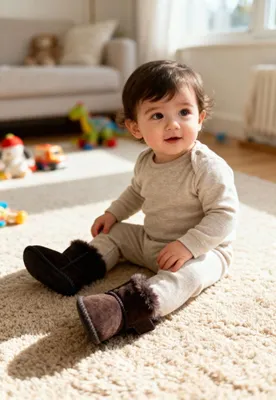 Produktbild von Baby Lammfellschuhe MIT KLETTVERSCHLUSS Dunkelbraun – Weich, warm & rutschfest - Schuhgröße: EUR 16-17
