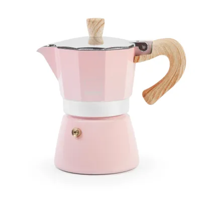 A pink moka pot with a wooden handle and lid knob, set against a white background.