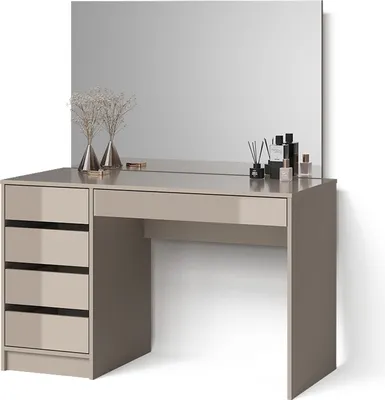 A vanity table with a large mirror and drawers, decorated with vases and perfume bottles.