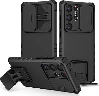 Produktbild von Galaxy S23 Ultra Hülle, Dual Layer Ständer Schutzhülle mit Schiebe Kamera Schutz für Samsung Galaxy S23 Ultra Schwarz