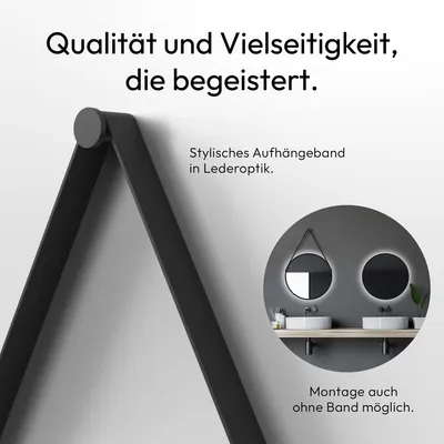 Produktbild von LED Wandspiegel 50 cm, schwarz, Alu, Licht neutralweiß, IP24, Lederband
