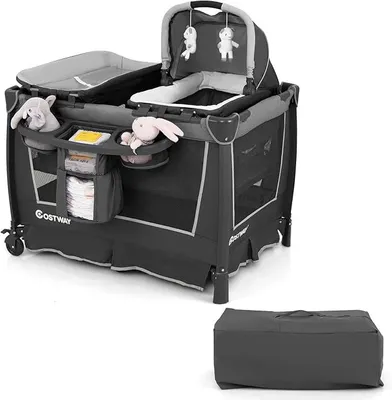 Imagen del producto de Cuna de viaje 5 en 1 para bebés, con moisés desmontable y cambiador, cuna de viaje infantil con colchón, bolsa de transporte y ruedas. Cuna plegable y portátil, de 103 x 74 x 73 cm (gris)