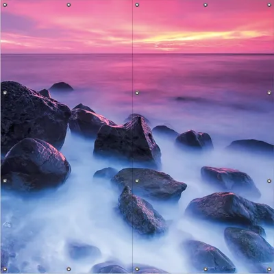 Produktbild von Wallario Outdoor-Poster für Garten oder Balkon, Motiv Felsen im Meer bei Sonnenuntergang, in ca. 180 x 180 cm