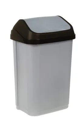 A light gray trash can with a black and gray lid, shown against a white background.